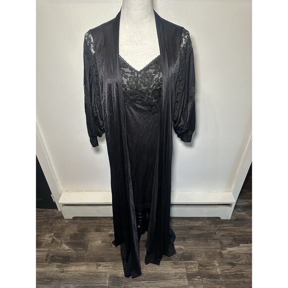 Vintage Slip Nightgown W Matching Overcoat Robe Black Set Size 38 Whimsigoth - Picture 9 of 15